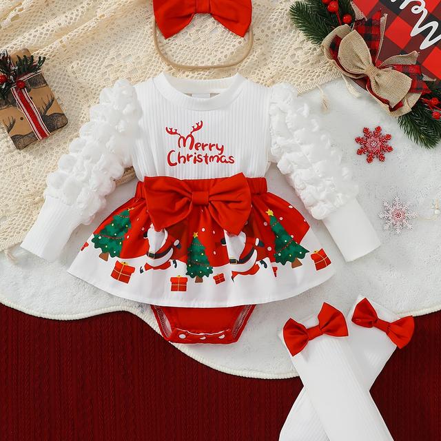 TEMU 3ks Novorozenecký Dívčí Roztomilý Kulatý Výstřih Puff Rukáv Motýl Vánoční Kreslený Kombinéza & Pár Ponožek & Čelenka - Vánoční Dárek pro Dívky. Dětský Vánoční Dárek, Ideální pro Venkovní Použití