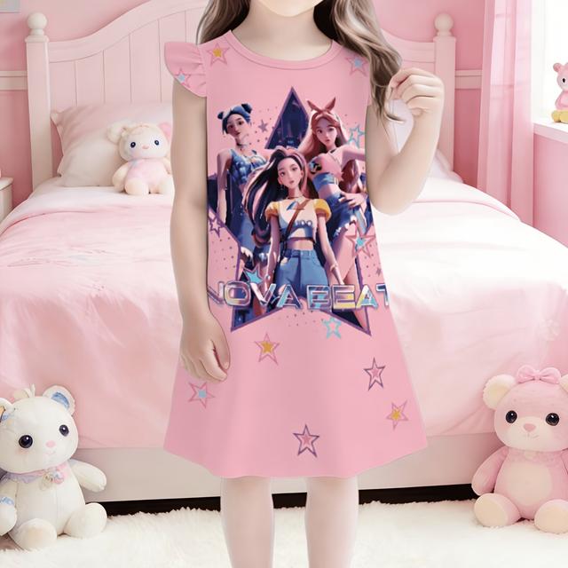 TEMU Dívčí nehořlavé noční šaty | Pohodlný a roztomilý styl s potiskem K-POP , bez rukávů, kulatý výstřih, celoroční ležérní noční oblečení pro děti