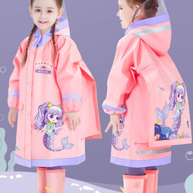 TEMU Girls' Pink Mermaid Print Raincoat, Eva Material, With Pockets, Large Hood, Zipper And Button Closure, Backpack Style, For , Outdoor Camping And Cycling, 1pc