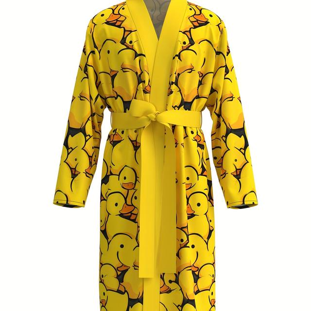 TEMU Men's Lightweight Ice Fiber Robe - Duck Pattern, Stand Collar, Belted Mid-length Bathrobe For Spring & Fall, Soft & Comfortable Sleepwear, Relaxed Fit Robe | Robe | Smooth Texture Robe