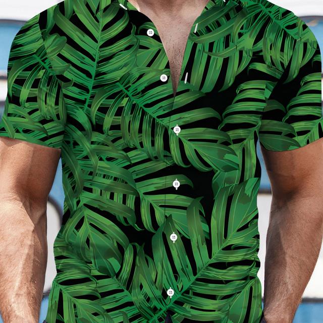 TEMU Men's Tropical Leaf Print Short Sleeve Shirt - , Regular Fit Button-up Casual Shirt For Beach & Summer, Breathable Fabric With Classic Collar, Summer Clothing, Stylish Beachwear