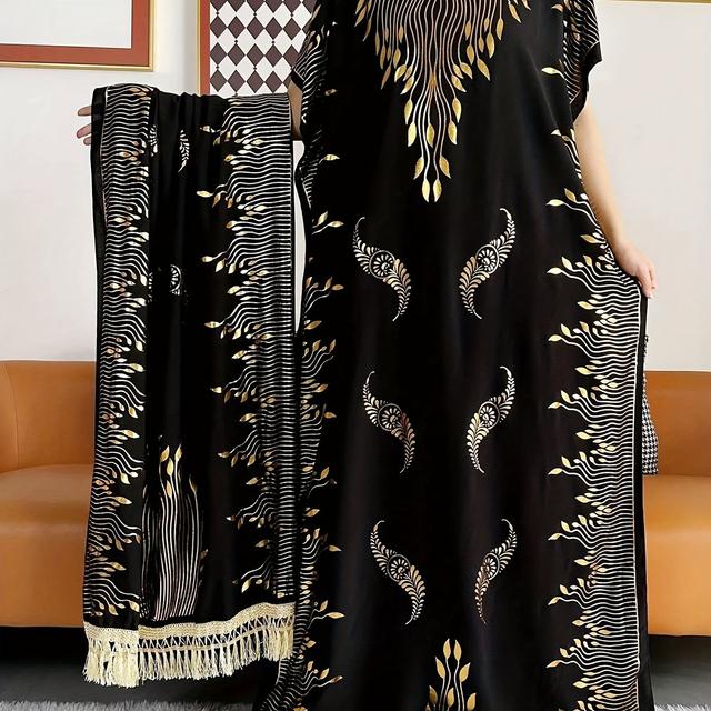 TEMU Women's Pattern Robe With Beige Tassel Set, Arabic Luxury Abaya, Headscarf, Elegant Round Neck Dress, Short Sleeve Style