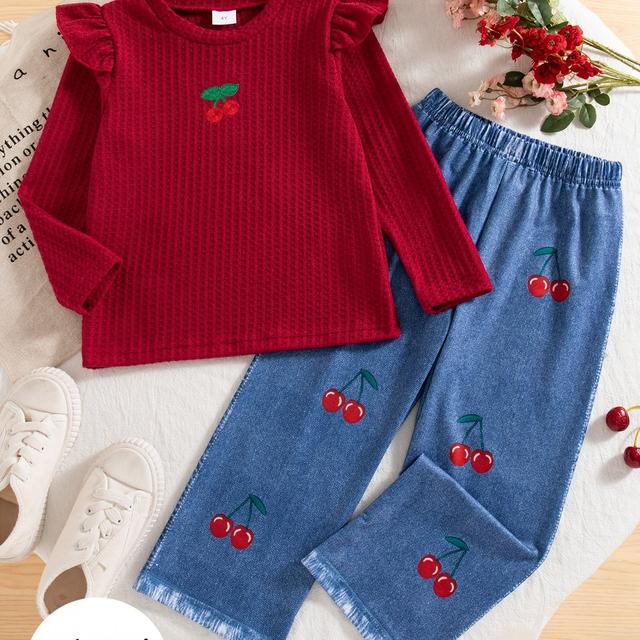 TEMU Mädchen Freizeitmode Zweiteiler mit Rundhalsausschnitt Langarm-Oberteil in Unifarben mit Kirschstickerei bedruckter -Denim-Hose für Frühling Herbst, ideal für Outdoor-Aktivitäten