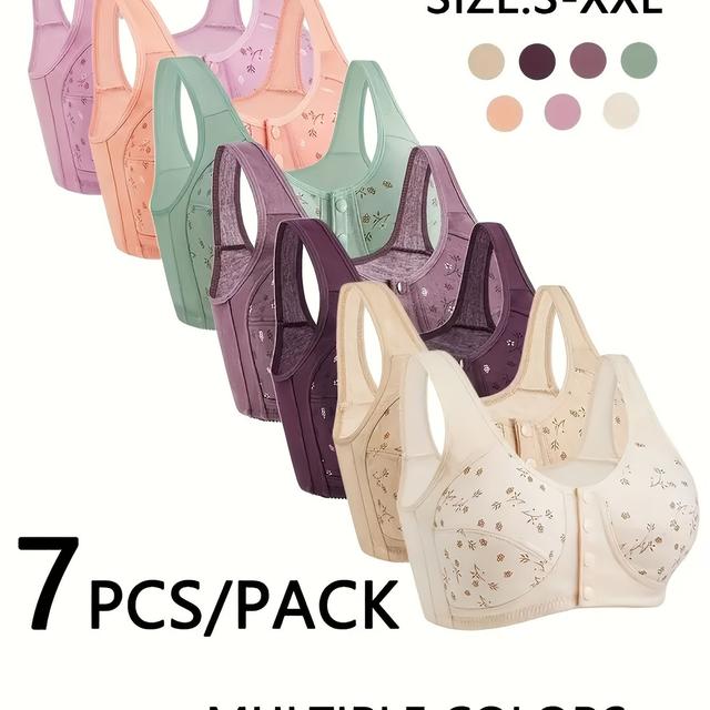 TEMU 7-pack Elegant Floral Pattern Push-up Bras, 100% Polyester Knit Fabric, Seamless Breathable Wireless Bras With Button Closure, No Padding, Adult Sizes S-xxl