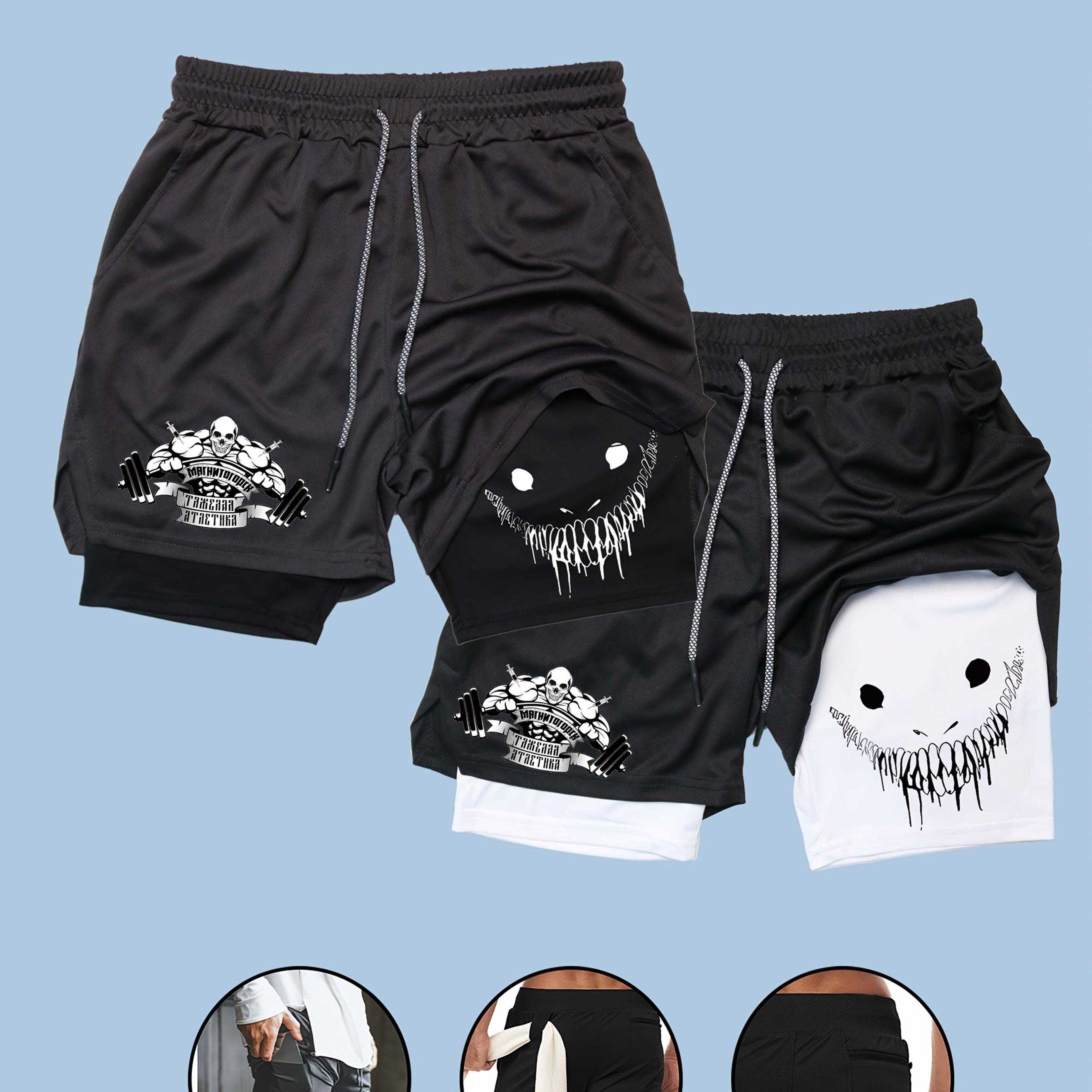TEMU 2-in-1 Look Double-layer Printed Sports Shorts, Indoor/outdoor 2pcs Set With Solid Color Multi-, Lined Print For Gym, Workout, Running, Outdoor, Hiking, Soccer, And Basketball