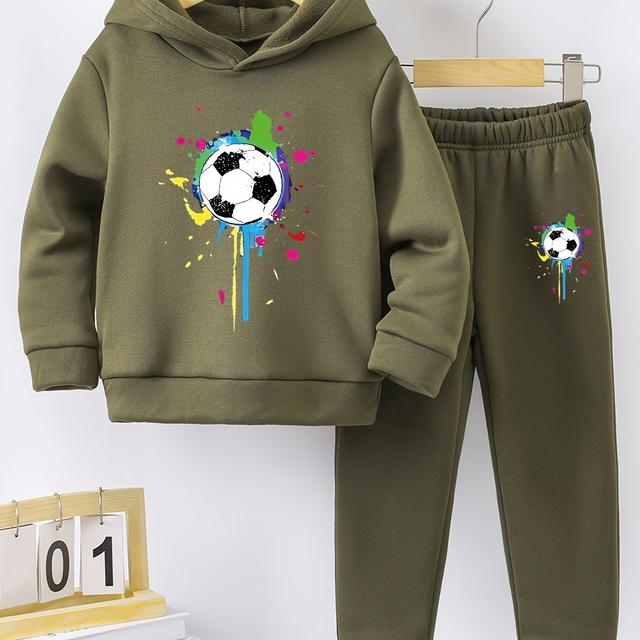 TEMU Jungen Kapuzenpullover mit Fußballmuster-Druck und warmer Futterung, kombiniert mit sportlichen langen Hosen, für Outdoor-Aktivitäten