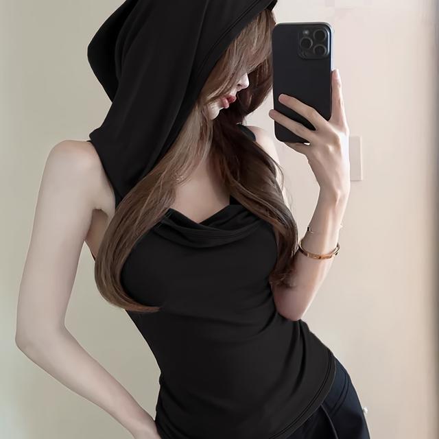 TEMU Camiseta para mujer, color liso, sexy, con capucha, estilo Y2K