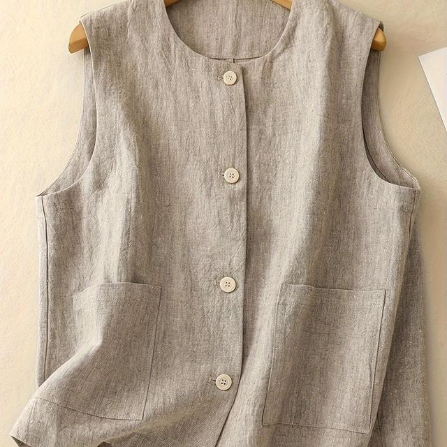TEMU レディース ブラック コットン・リネンブレンド ベスト - ノースリーブブラウス ルーズフィット オフィス&日常着 通気性抜群 夏用 レイヤリング 簡単お手入れ &カジュアル フロントボタン クルーネクタイ テクスチャードファ