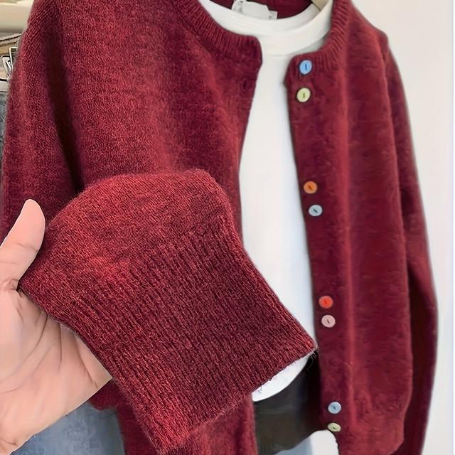 TEMU Cardigã Feminino de Redonda com Botões Coloridos, Suéter Cinza