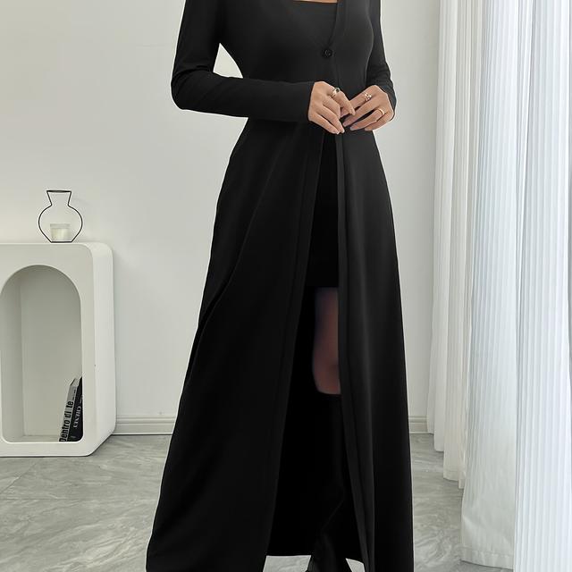 TEMU 여성용 우아한 긴 소매 버튼업 카디건 재킷 - 슬림핏, 오픈 프론트, 블랙 롱라인 & 카디건, 봄/가을용, 우아한 이벤트 의상 | 버튼업 롱 재킷 | 롱라인 재킷