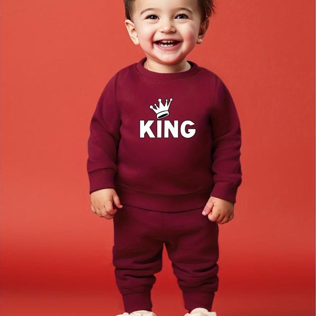 TEMU Baby's 2pcs "king" Print Long Sleeve Outfit, Sweatshirt & Casual Pants Set, Baby Boy's Clothing, As Gift