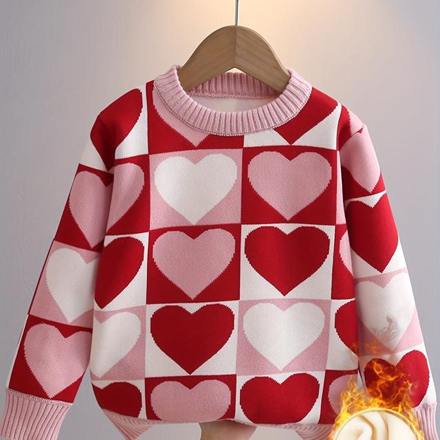 TEMU Casual Crew Neck Heart Pattern Knit Sweater, Polyester Blend, Long Sleeve, Slight Stretch, Regular Fit, For Kids - Fall/winter Collection
