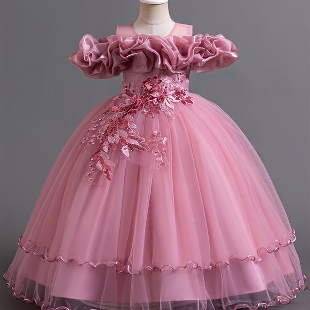 TEMU Girls' Beaded Embroidery Sequin Evening Dress Princess Skirt Puff Sleeve Wedding Piano Performance Dress Party Gown Birthday Dress