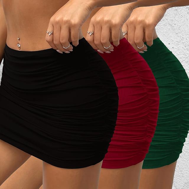 TEMU 3er-Set Einfarbige High-Waisted Mini-Röcke für Damen, Y2K Mode im Einfachen Sexy Stil aus Stretch-Polyesterstoff geeignet für Frühling Sommer Herbst