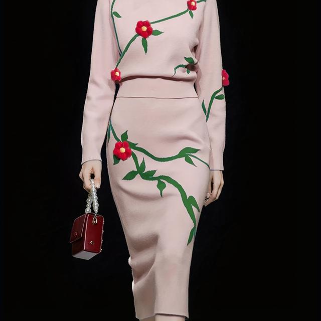 TEMU Neuankömmling Damen Rundhals Langarm Blumenstickerei Eleganter Hochtaillierte Midi-Rock Stoff Zweiteiler