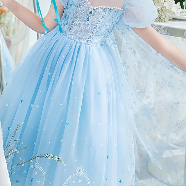 TEMU Girls' Midi Princess Dress With Cape, Contrast Mesh Lantern Sleeves, Crew Neck, Woven Blend, Party Dress For Halloween