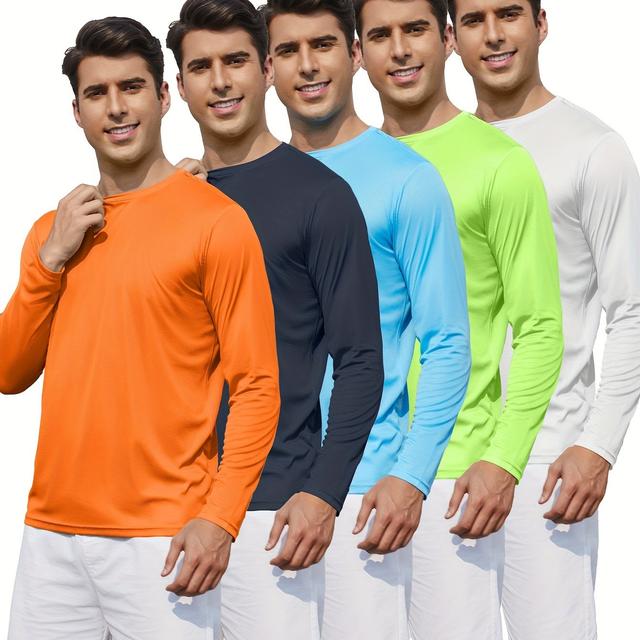 TEMU 5-pack Men's Crew Neck Long Sleeve T-shirts, Polyester Quick Dry Breathable Sunscreen Knit Fabric, Casual Solid Color Pullovers, Regular For Sports & Leisure