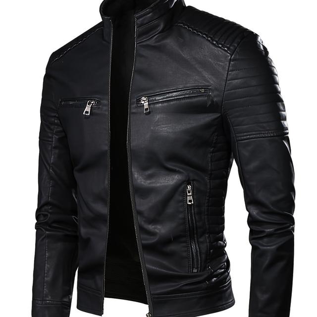 TEMU 2024 Autumn/winter Casual Jacket For Men, Stand Collar Trendy New Style Jacket With Faux Pockets, Motorcycle Style Youth Fashion Men's Coat