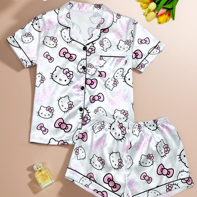 TEMU Hello Kitty Printed Youth Pajama Set, Lapel Button- Short Sleeve Top And Shorts Loungewear Outfit