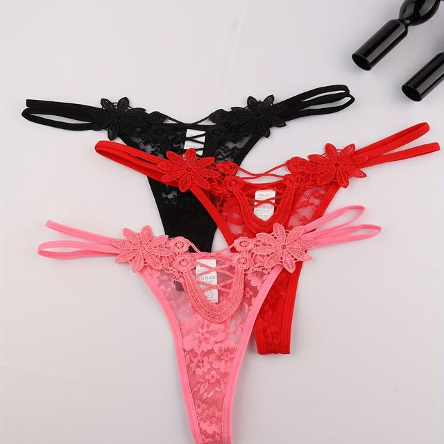 TEMU 3-pack Sheer Low-rise Thong Underwear - V-string Panties With -back & Embellished Net Cut-outs, Sexy Elegant For Types (hand Wash Only) - 3pcs Bulk Pack