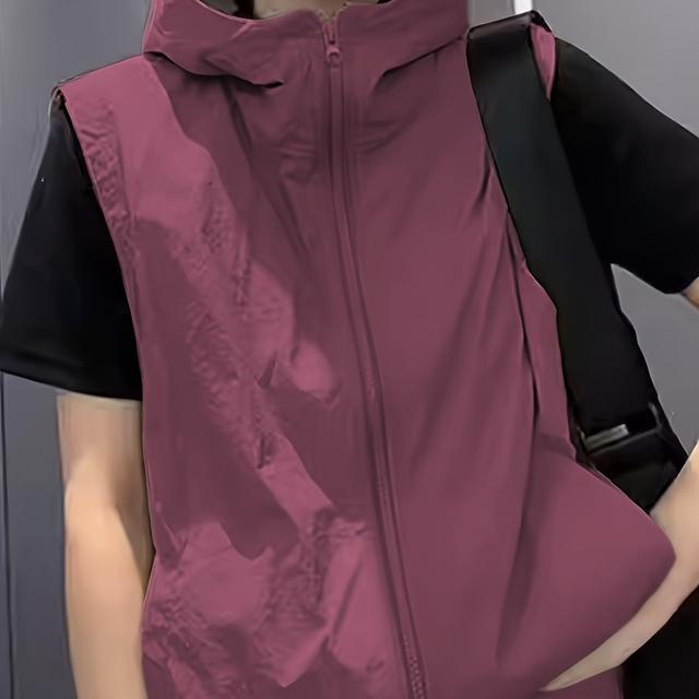 TEMU 여성 캐주얼 후드 집업 조끼, 단색 폴리에스테르 100%, 가볍고 편안한 이중 포켓 디자인, 짠 원단, 비늘림, 일반 길이, 봄/여름/가을용 슬리브리스