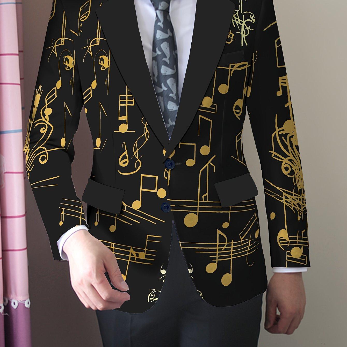 TEMU Men's Suit With Musical Note Pattern, Elegant And Trendy Youth Casual Single-breasted Jacket