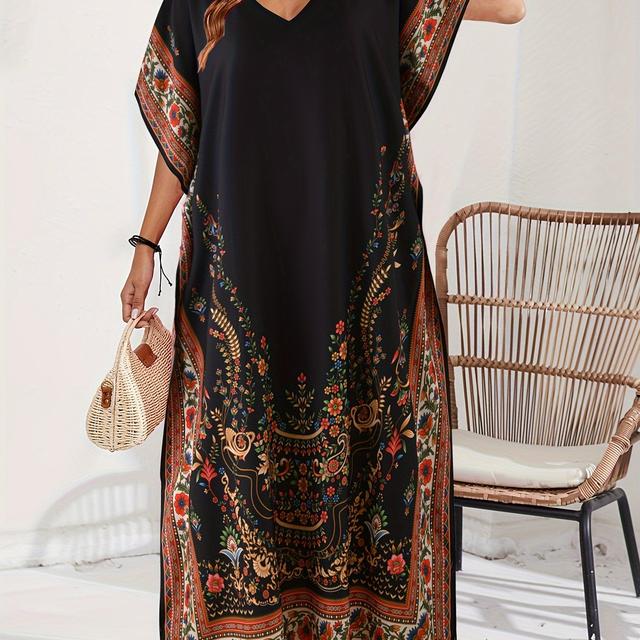 TEMU Abaya casual para mujer de Medio , vestido largo holgado con estampado floral y cuello en V, poliéster, sin estiramiento, abertura en el dobladillo, tejido, para todas , ropa tradicional.