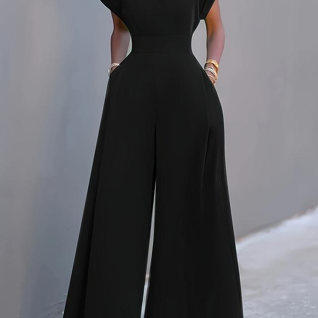 TEMU Women's Elegant Solid Color Jumpsuit - V-neck Long Sleeve, Flattering Fit For Casual & Formal Outfits, Chic Attire, Versatile , Parties, Everyday Outfits - Women's Fashion Jumpsuit