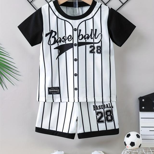 TEMU 2pcs Boys' Matching Short Sleeve Outfit - High-elasticity Letter & Number Stripe Shirts With A-patches, Spring Summer Casual Playwear, Uniforms ( To Kids) - Hand Washable 2pcs Suit, Outdoor