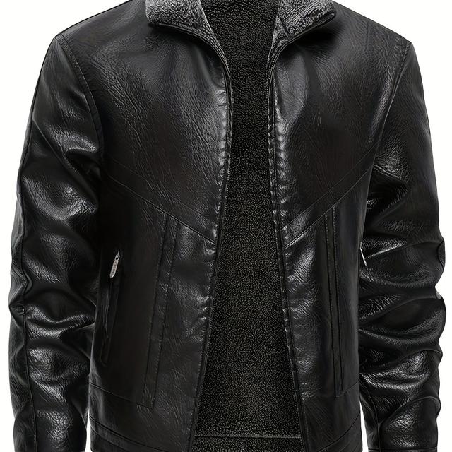 TEMU Men's Fleece-lined Faux Leather Jacket - A Warm And Comfortable Versatile Coat With A Lapel, Zip Closure, And A Regular Fit For Casual Outdoor Wear