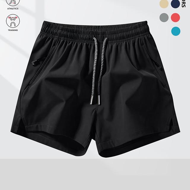 TEMU Men's Quick-dry Athletic Shorts - Moisture-wicking Elastic Drawstring Waist & Zipper Pockets, Lightweight Gym Shorts For Men, Navy/black, Machine Washable, Workout Shorts, Breathable Fabric