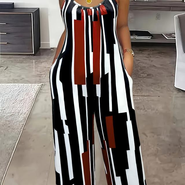 TEMU Macacão de Mulher com Estampado às Riscas e Redonda, Bolsos Plissados, Design Casual de Perna Larga e Alças Compridas