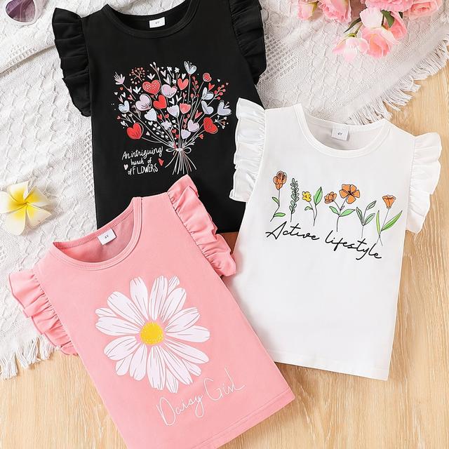 TEMU A Set Of 3 Stylish And Casual Tops For Girls Featuring Unique Printed Designs, With A Knitted Round Neck And Sleeves, Perfect For Summer