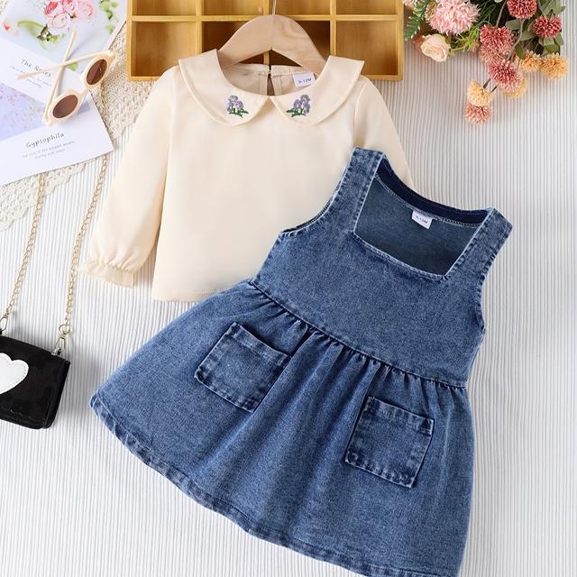TEMU New Girls' Denim Skirt 2pcs Spring And Autumn Children's Embroidered Flower Top And Denim Dress, For Outdoor