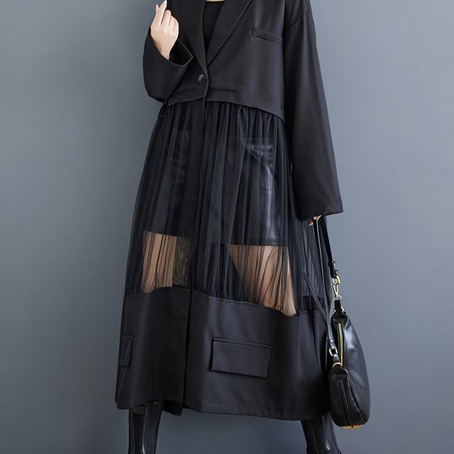 TEMU Damen Freizeit Polyester Trenchcoat, einfarbiges Lochmuster-Design, modische lange Oberbekleidung mit Knopfdetail, 100 % Polyestergewebe, /m² Gewicht