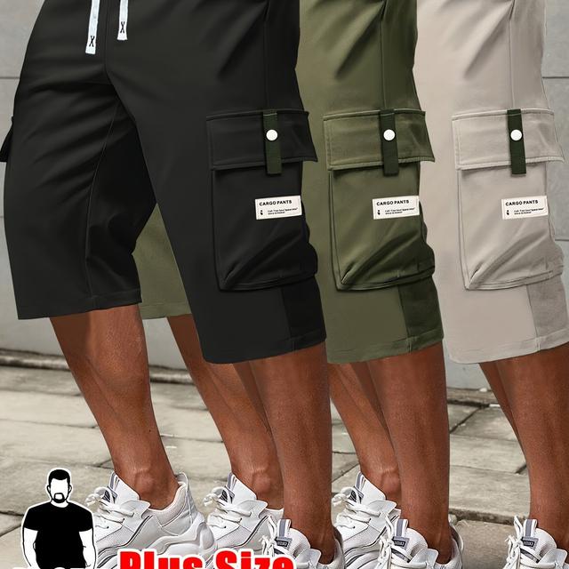 TEMU 3pcs Men's Plus Size Casual Cargo Shorts - Summer Fashion With Drawstring Waist & Pockets, Dark Blue, Black, Beige, Relaxed Fit For Casual Attire, Plus Siz