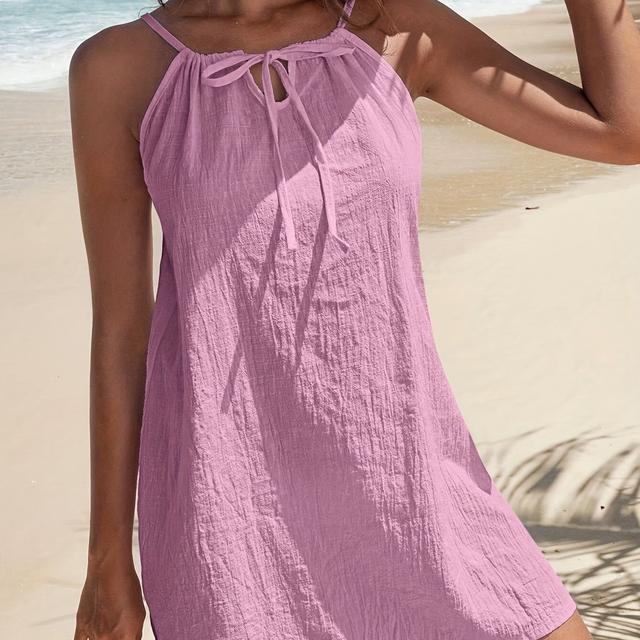 TEMU Light Purple Tie-front Cami Cover-up Dress - Beachwear For Women, Sheer Polyester Fabric, Sleeveless Summer Dress, Machine Washable, Beach Or Casual , Beach Dress