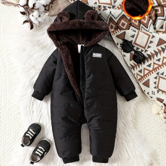 TEMU Boys' Autumn/winter New -lined Solid Color Hooded Jumpsuit, Perfect For Outdoor