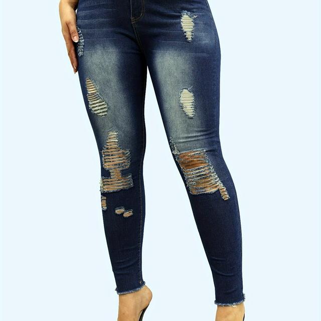 TEMU Calças de ganga de cintura para mulher com desgastados - Denim elástico, fecho de correr, bainha crua, moda para todas as , casual | Calças desgastadas | Tecido elástico
