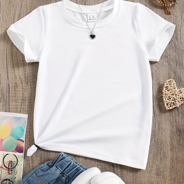 TEMU Boys' Summer Short-sleeve T-shirt, Children' Color Summer Clothing, Simple Casual White Top