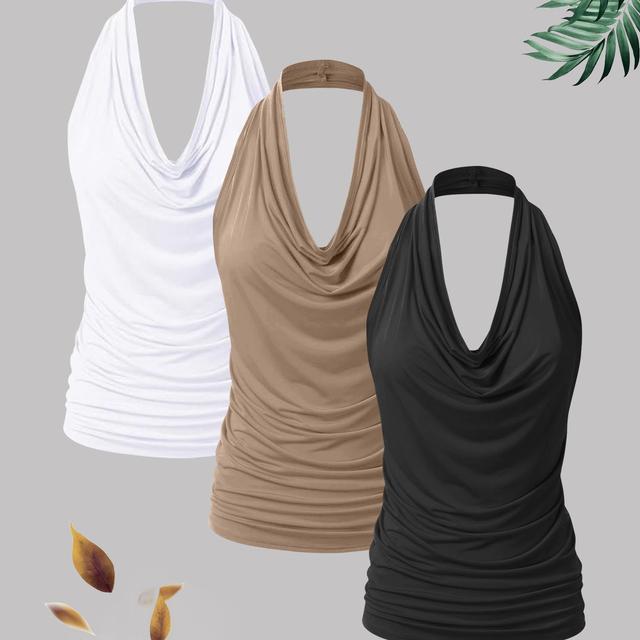 TEMU New Stylish Women's Casual Solid Color Halter -piece Set