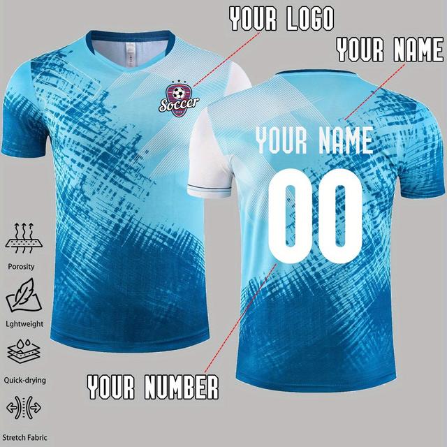 TEMU Anpassbares Herren-Fußballtrikot mit V-Ausschnitt - Personalisiertes Logo, Name & Nummer, Feuchtigkeitsableitendes Atmungsaktives Polyester für Sport, Training & Schulaktivitäten