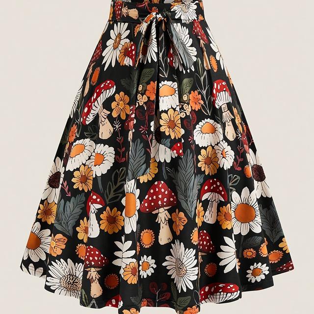TEMU Plus Size, Summer Plus Size Fashion Vacation Lace-up Floral Print Skirt