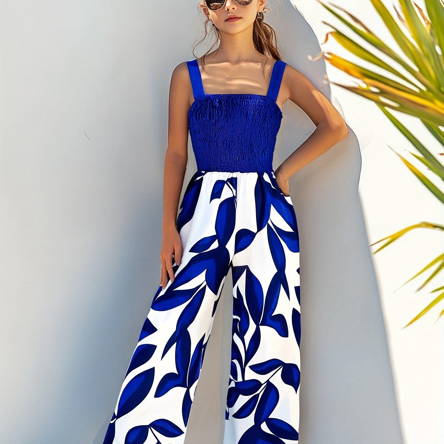 TEMU ' Medium To Large Size 130-170cm Spring Summer Fashion Casual Elegant Style Plant Print Waist-cinching Camisole Jumpsuit With Drape Wide Legs, For Outdoor