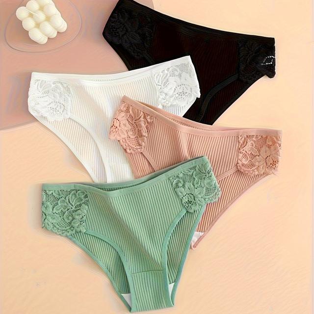 TEMU 4-pack Threaded Women' Panties Solid Low-waist Lace Breathable Underwear