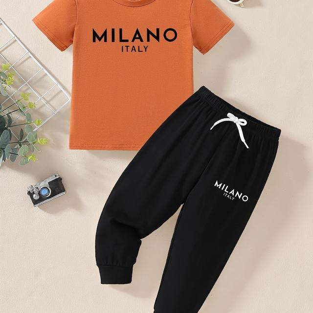 TEMU 2024 Letter Print Children's Clothing For Spring, Summer, And Autumn, Featuring Comfortable Short-sleeve Round Neck And Long Pants, Stylish Boys' T-shirt Set, For Outdoor