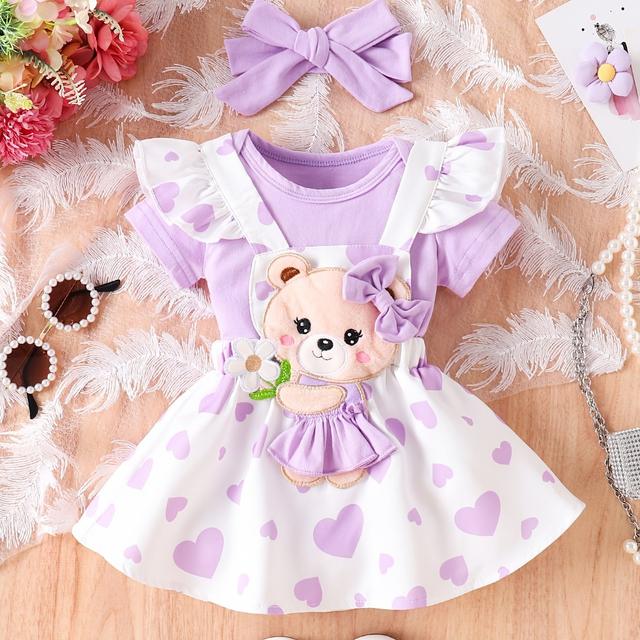 TEMU 3pcs Set For Baby Girls, Newborn, Wear, Cute And Fun Cartoon Pattern Dress And Regular Solid Color Envelope Neck Romper Mixed Set, Perfect For Outdoor