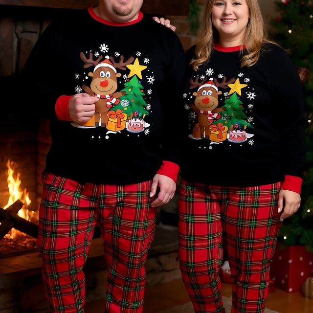 TEMU Conjunto de Pijama de Larga para de Talla Grande para Hombre/Mujer con Estampado de Reno y Árbol de Navidad, Conjunto Único de Talla Grande para Otoño/Invierno, PLUS SIZE