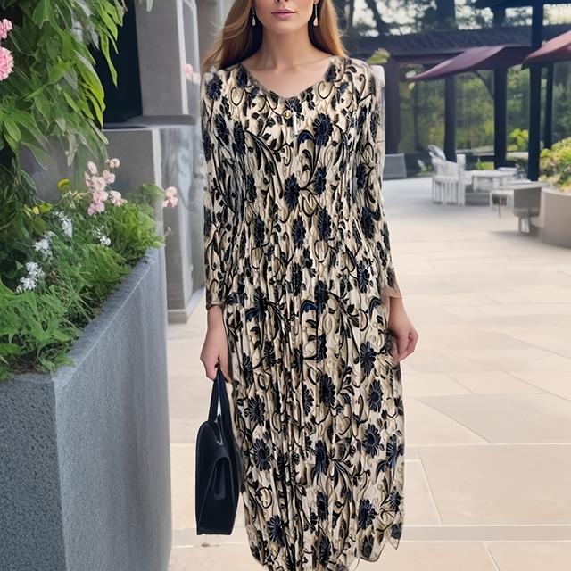 TEMU 1 Stück Elegantes Midi-Tunika-Kleid - V-Ausschnitt, normaler Ärmel, plissiertes Polyester mit hoher Dehnbarkeit, Printmuster, Trapezsaum, Webstoff für alle Jahreszeiten - Ausgeh-Faltenkleid