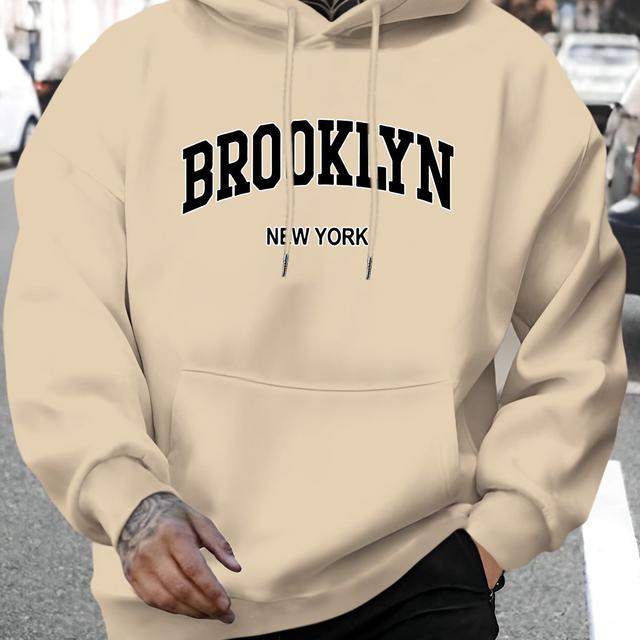 TEMU Men's Brooklyn New Graphic Hoodie - Casual Pullover Sweatshirt With Letter Print, Regular Fit, Drawstring Hood & Long Sleeves For Autumn , Everyday